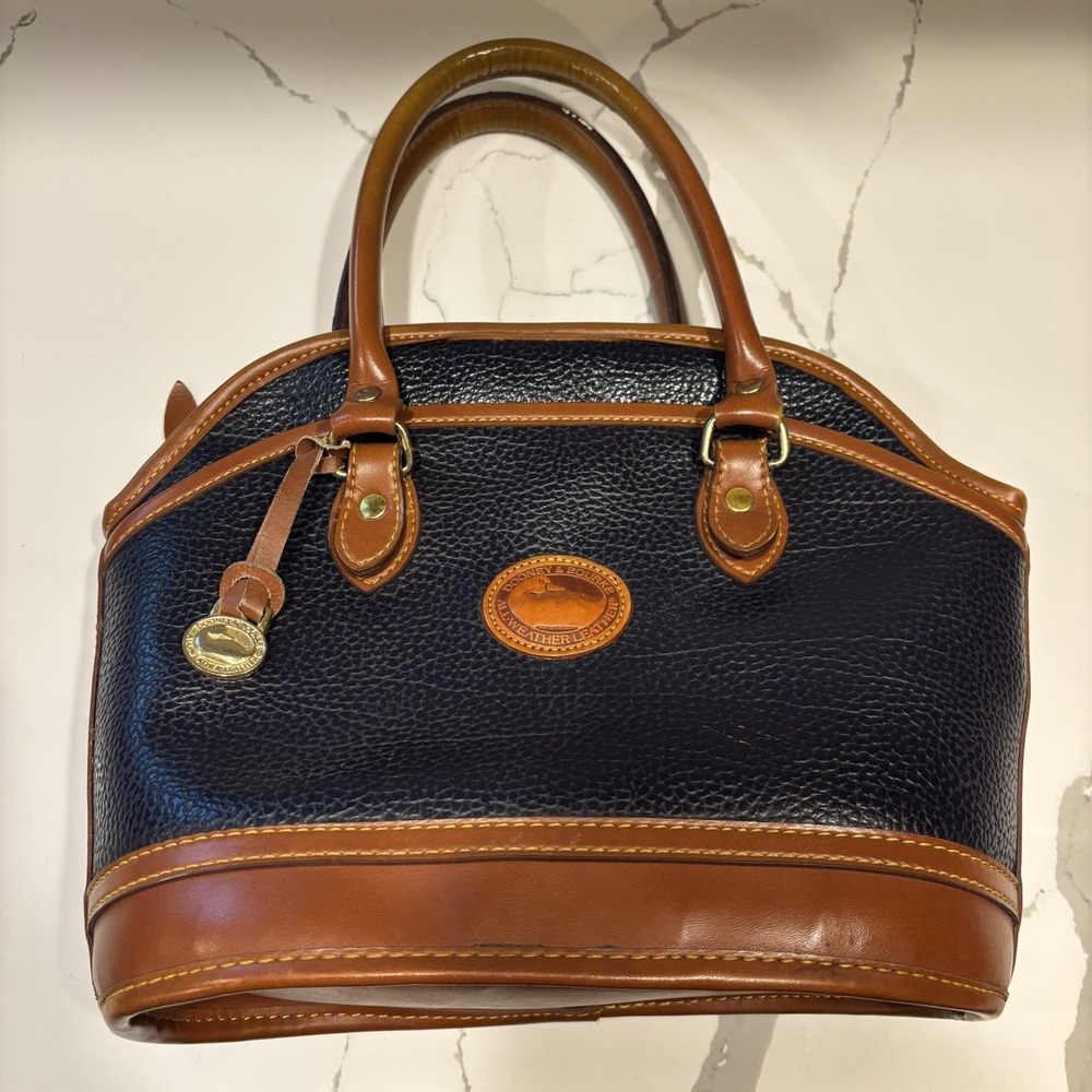 Vintage Dooney & Bourke AWL Navy Blue Norfolk Domed Satchel Bag Brass Duck Fob
